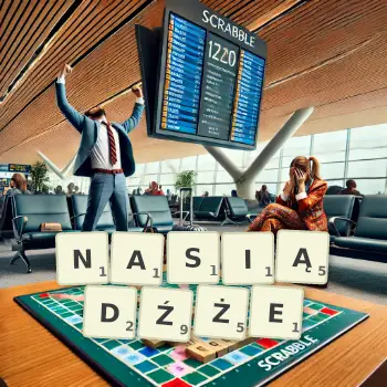 Kreatywna ilustracja do gry w Scrabble ze słowem NASIĄDŹŻE ułożonym z płytek na planszy.