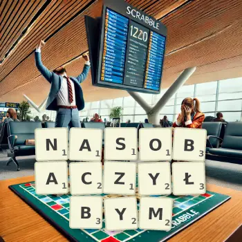 Kreatywna ilustracja do gry w Scrabble ze słowem NASOBACZYŁBYM ułożonym z płytek na planszy.