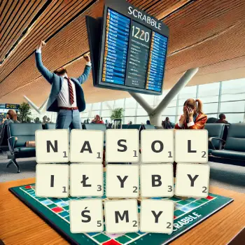 Kreatywna ilustracja do gry w Scrabble ze słowem NASOLIŁYBYŚMY ułożonym z płytek na planszy.