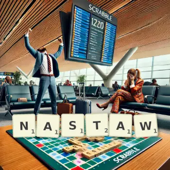 Kreatywna ilustracja do gry w Scrabble ze słowem NASTAW ułożonym z płytek na planszy.