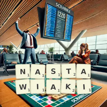 Kreatywna ilustracja do gry w Scrabble ze słowem NASTAWIAKI ułożonym z płytek na planszy.