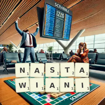 Kreatywna ilustracja do gry w Scrabble ze słowem NASTAWIANI ułożonym z płytek na planszy.