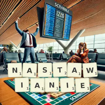 Kreatywna ilustracja do gry w Scrabble ze słowem NASTAWIANIE ułożonym z płytek na planszy.