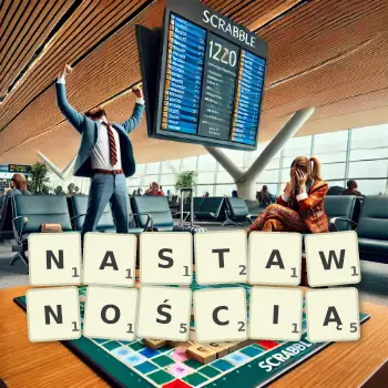 Kreatywna ilustracja do gry w Scrabble ze słowem NASTAWNOŚCIĄ ułożonym z płytek na planszy.