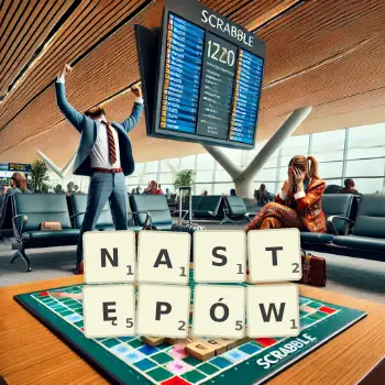 Kreatywna ilustracja do gry w Scrabble ze słowem NASTĘPÓW ułożonym z płytek na planszy.