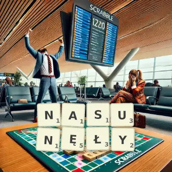 Kreatywna ilustracja do gry w Scrabble ze słowem NASUNĘŁY ułożonym z płytek na planszy.