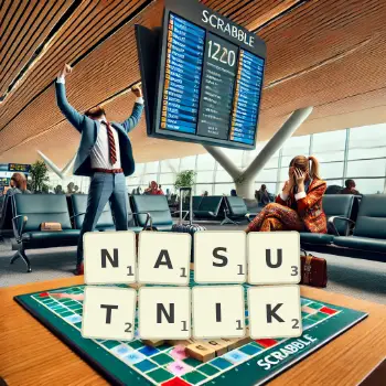 Kreatywna ilustracja do gry w Scrabble ze słowem NASUTNIK ułożonym z płytek na planszy.