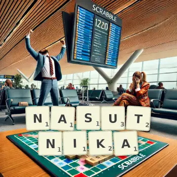 Kreatywna ilustracja do gry w Scrabble ze słowem NASUTNIKA ułożonym z płytek na planszy.