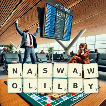 Kreatywna ilustracja do gry w Scrabble ze słowem NASWAWOLILBY ułożonym z płytek na planszy.