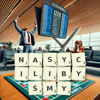 Kreatywna ilustracja do gry w Scrabble ze słowem NASYCILIBYŚMY ułożonym z płytek na planszy.