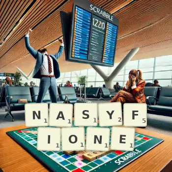 Kreatywna ilustracja do gry w Scrabble ze słowem NASYFIONE ułożonym z płytek na planszy.