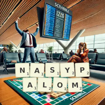 Kreatywna ilustracja do gry w Scrabble ze słowem NASYPALOM ułożonym z płytek na planszy.