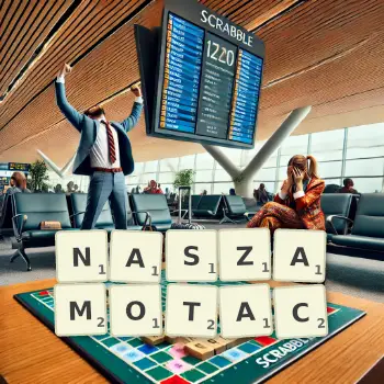 Kreatywna ilustracja do gry w Scrabble ze słowem NASZAMOTAC ułożonym z płytek na planszy.