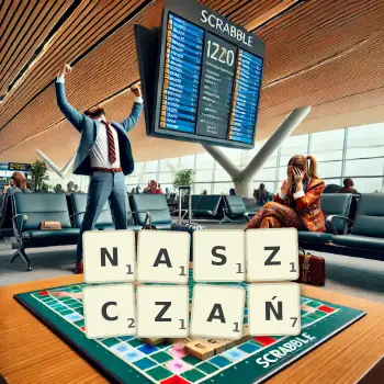 Kreatywna ilustracja do gry w Scrabble ze słowem NASZCZAŃ ułożonym z płytek na planszy.