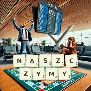 Kreatywna ilustracja do gry w Scrabble ze słowem NASZCZYMY ułożonym z płytek na planszy.