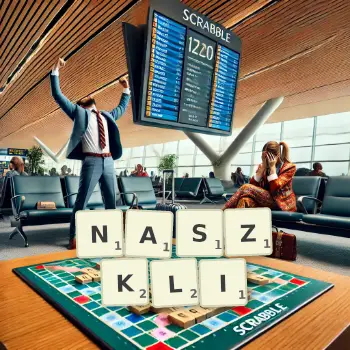 Kreatywna ilustracja do gry w Scrabble ze słowem NASZKLI ułożonym z płytek na planszy.