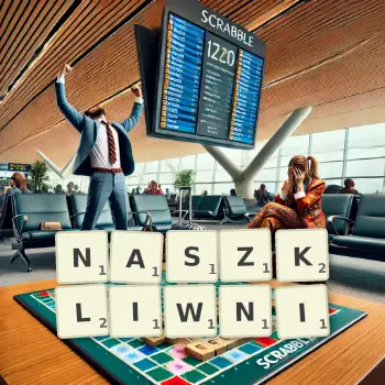 Kreatywna ilustracja do gry w Scrabble ze słowem NASZKLIWNI ułożonym z płytek na planszy.