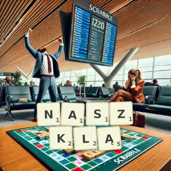 Kreatywna ilustracja do gry w Scrabble ze słowem NASZKLĄ ułożonym z płytek na planszy.