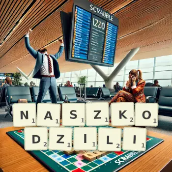 Kreatywna ilustracja do gry w Scrabble ze słowem NASZKODZILI ułożonym z płytek na planszy.