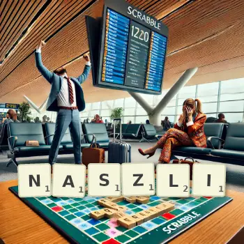 Kreatywna ilustracja do gry w Scrabble ze słowem NASZLI ułożonym z płytek na planszy.