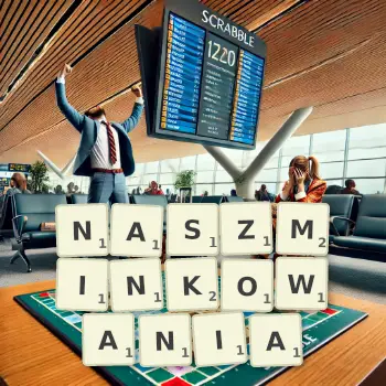 Kreatywna ilustracja do gry w Scrabble ze słowem NASZMINKOWANIA ułożonym z płytek na planszy.