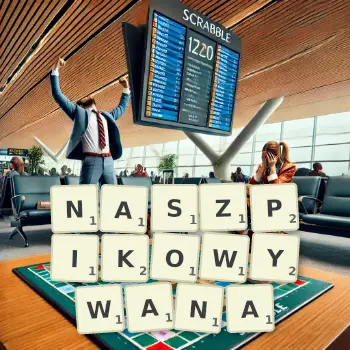 Kreatywna ilustracja do gry w Scrabble ze słowem NASZPIKOWYWANA ułożonym z płytek na planszy.