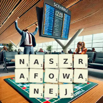 Kreatywna ilustracja do gry w Scrabble ze słowem NASZRAFOWANEJ ułożonym z płytek na planszy.