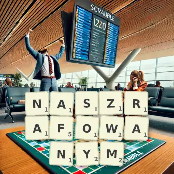 Kreatywna ilustracja do gry w Scrabble ze słowem NASZRAFOWANYM ułożonym z płytek na planszy.