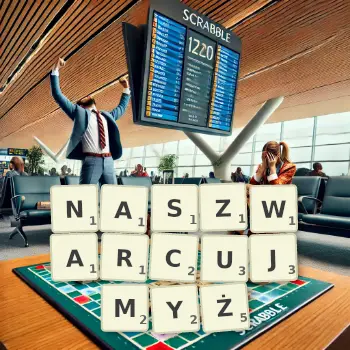 Kreatywna ilustracja do gry w Scrabble ze słowem NASZWARCUJMYŻ ułożonym z płytek na planszy.