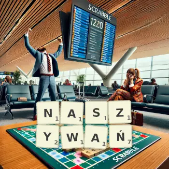 Kreatywna ilustracja do gry w Scrabble ze słowem NASZYWAŃ ułożonym z płytek na planszy.