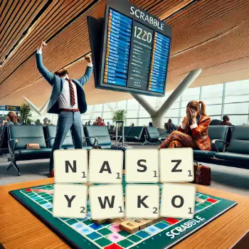 Kreatywna ilustracja do gry w Scrabble ze słowem NASZYWKO ułożonym z płytek na planszy.