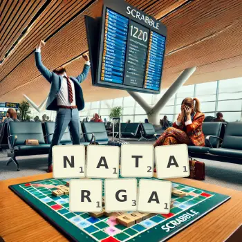 Kreatywna ilustracja do gry w Scrabble ze słowem NATARGA ułożonym z płytek na planszy.
