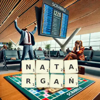 Kreatywna ilustracja do gry w Scrabble ze słowem NATARGAŃ ułożonym z płytek na planszy.