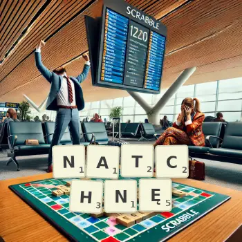 Kreatywna ilustracja do gry w Scrabble ze słowem NATCHNĘ ułożonym z płytek na planszy.