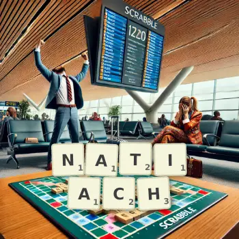 Kreatywna ilustracja do gry w Scrabble ze słowem NATIACH ułożonym z płytek na planszy.