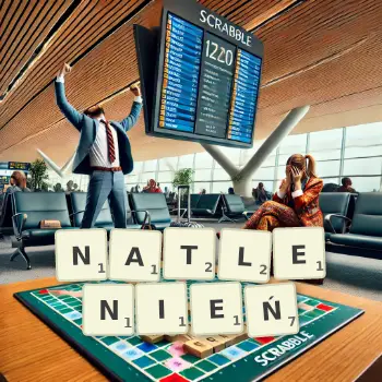Kreatywna ilustracja do gry w Scrabble ze słowem NATLENIEŃ ułożonym z płytek na planszy.