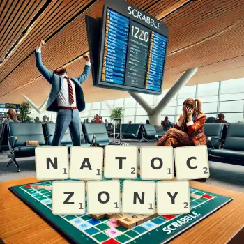 Kreatywna ilustracja do gry w Scrabble ze słowem NATOCZONY ułożonym z płytek na planszy.