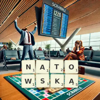 Kreatywna ilustracja do gry w Scrabble ze słowem NATOWSKĄ ułożonym z płytek na planszy.