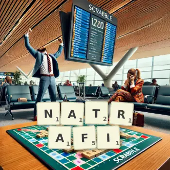 Kreatywna ilustracja do gry w Scrabble ze słowem NATRAFI ułożonym z płytek na planszy.