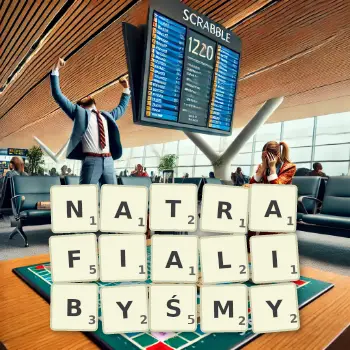 Kreatywna ilustracja do gry w Scrabble ze słowem NATRAFIALIBYŚMY ułożonym z płytek na planszy.