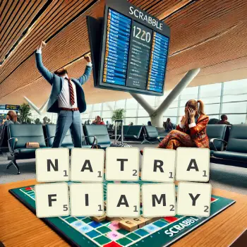 Kreatywna ilustracja do gry w Scrabble ze słowem NATRAFIAMY ułożonym z płytek na planszy.