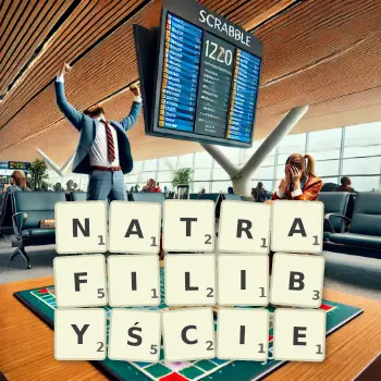 Kreatywna ilustracja do gry w Scrabble ze słowem NATRAFILIBYŚCIE ułożonym z płytek na planszy.