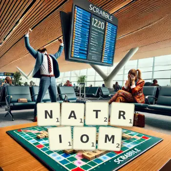 Kreatywna ilustracja do gry w Scrabble ze słowem NATRIOM ułożonym z płytek na planszy.