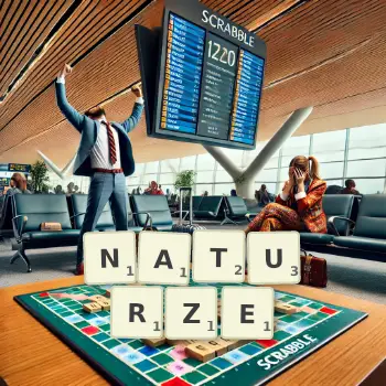 Kreatywna ilustracja do gry w Scrabble ze słowem NATURZE ułożonym z płytek na planszy.