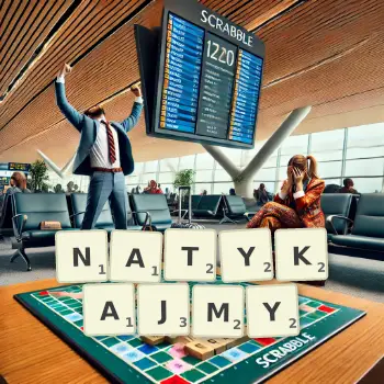 Kreatywna ilustracja do gry w Scrabble ze słowem NATYKAJMY ułożonym z płytek na planszy.