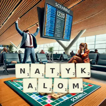 Kreatywna ilustracja do gry w Scrabble ze słowem NATYKALOM ułożonym z płytek na planszy.