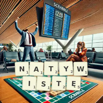 Kreatywna ilustracja do gry w Scrabble ze słowem NATYWISTĘ ułożonym z płytek na planszy.