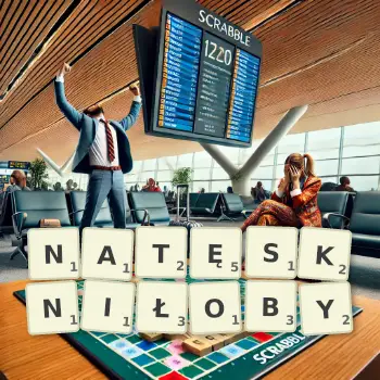Kreatywna ilustracja do gry w Scrabble ze słowem NATĘSKNIŁOBY ułożonym z płytek na planszy.