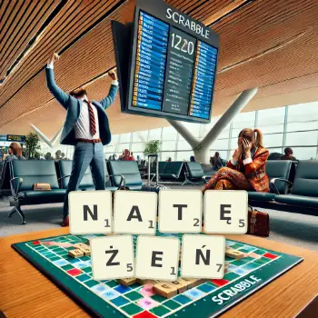 Kreatywna ilustracja do gry w Scrabble ze słowem NATĘŻEŃ ułożonym z płytek na planszy.