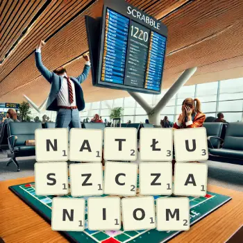 Kreatywna ilustracja do gry w Scrabble ze słowem NATŁUSZCZANIOM ułożonym z płytek na planszy.